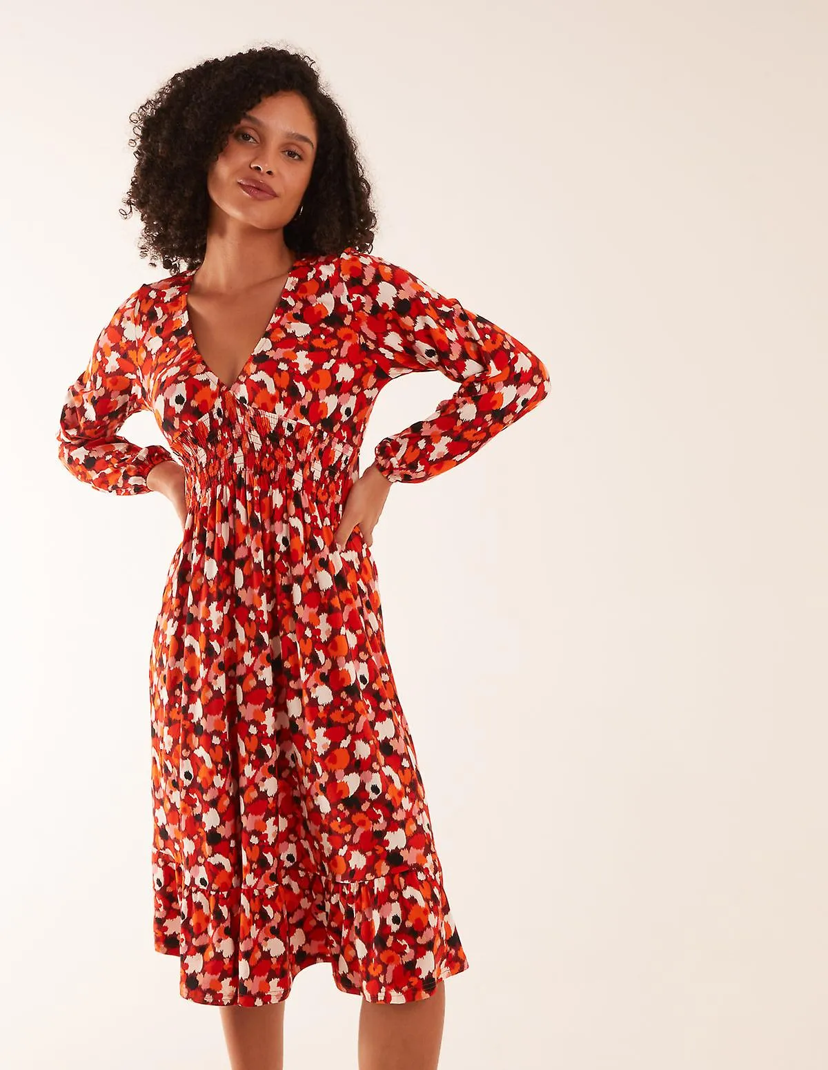 V neck shirred waist midi dress