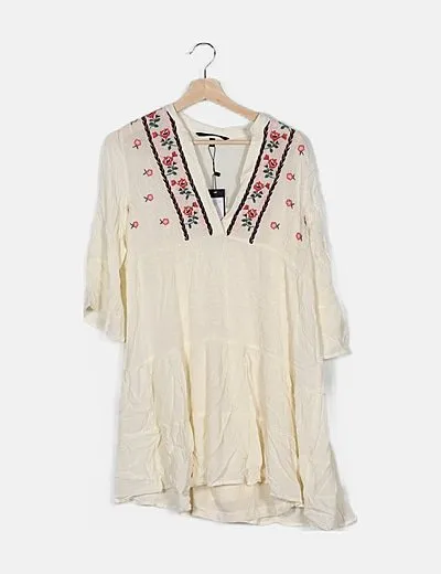Vero Moda Vestido beige bordado floral