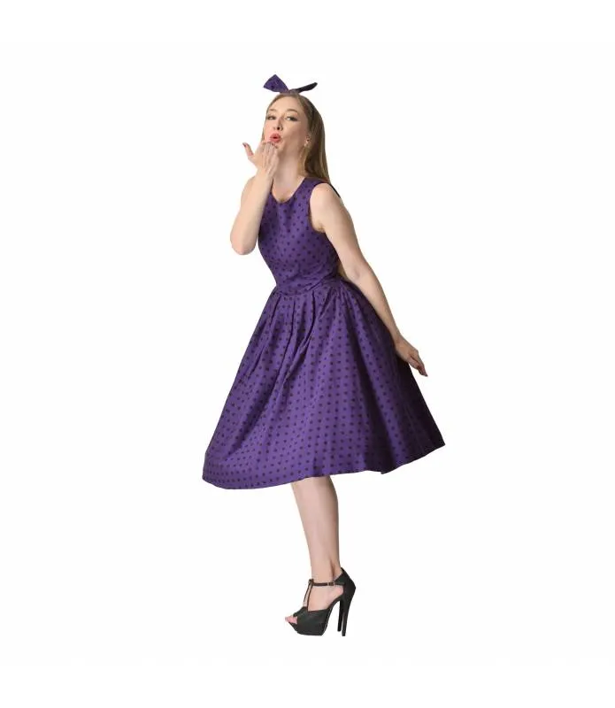 Vestido Annie Retro Violeta con Lunares Negros Dolly & Dotty S905PurBlaPolk