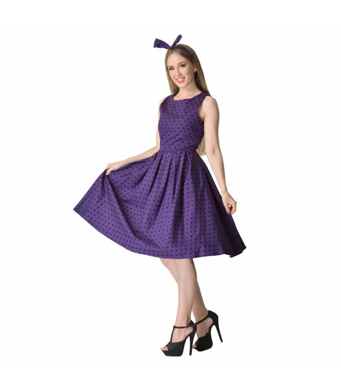 Vestido Annie Retro Violeta con Lunares Negros Dolly & Dotty S905PurBlaPolk