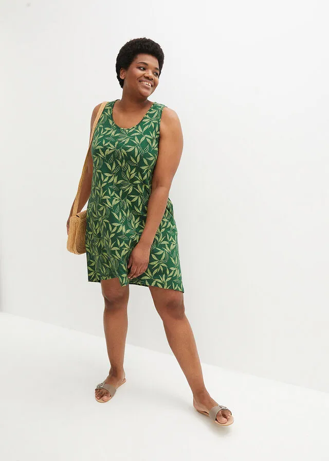Vestido de algodón de estilo túnica Verde oliva claro estampado