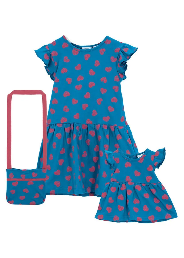 Vestido de punto + bolso + vestido de muñecas para niñas (conjunto de 3 piezas) Azul