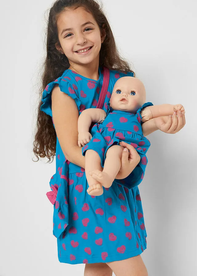 Vestido de punto + bolso + vestido de muñecas para niñas (conjunto de 3 piezas) Azul