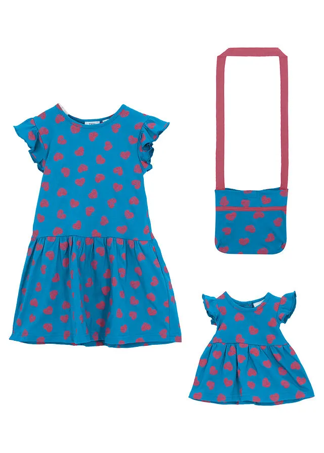 Vestido de punto + bolso + vestido de muñecas para niñas (conjunto de 3 piezas) Azul