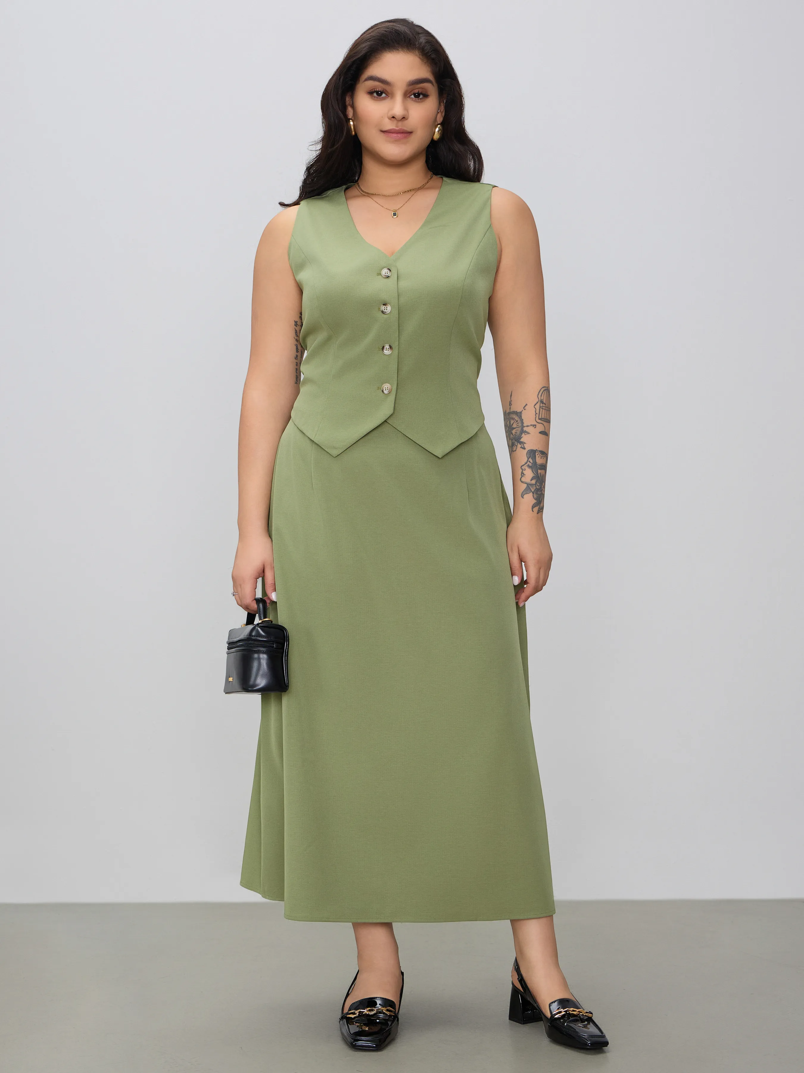  Vestido Maxi con Cremallera y Chaleco con Botones de Cuello en V Curvy