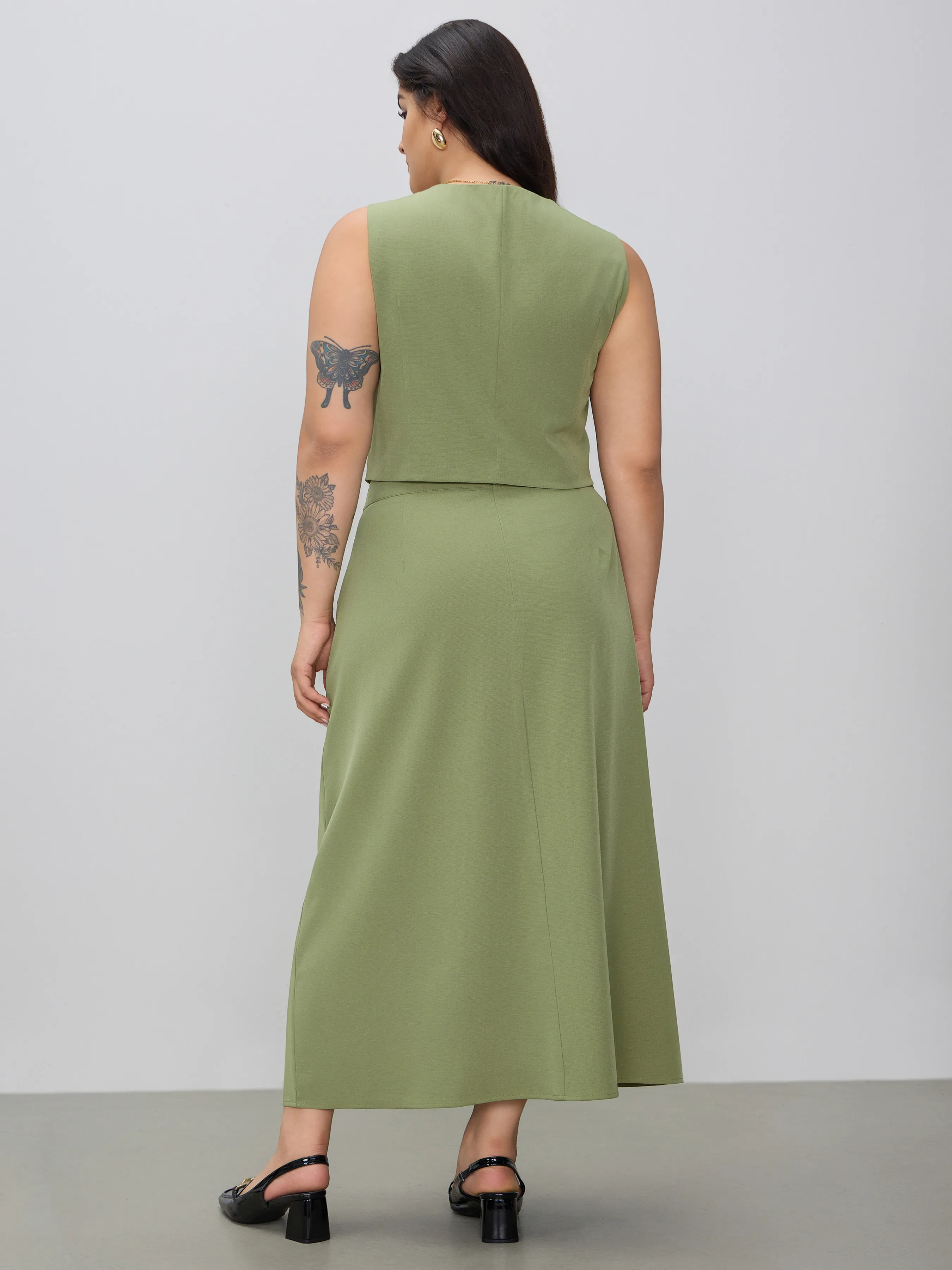  Vestido Maxi con Cremallera y Chaleco con Botones de Cuello en V Curvy