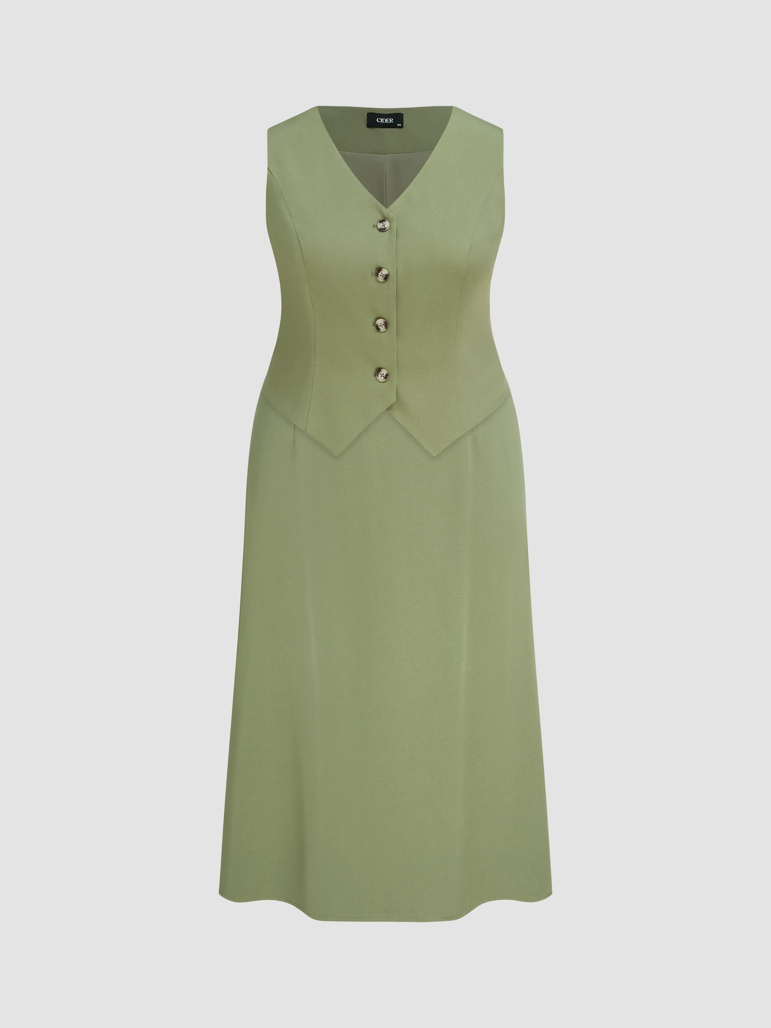  Vestido Maxi con Cremallera y Chaleco con Botones de Cuello en V Curvy