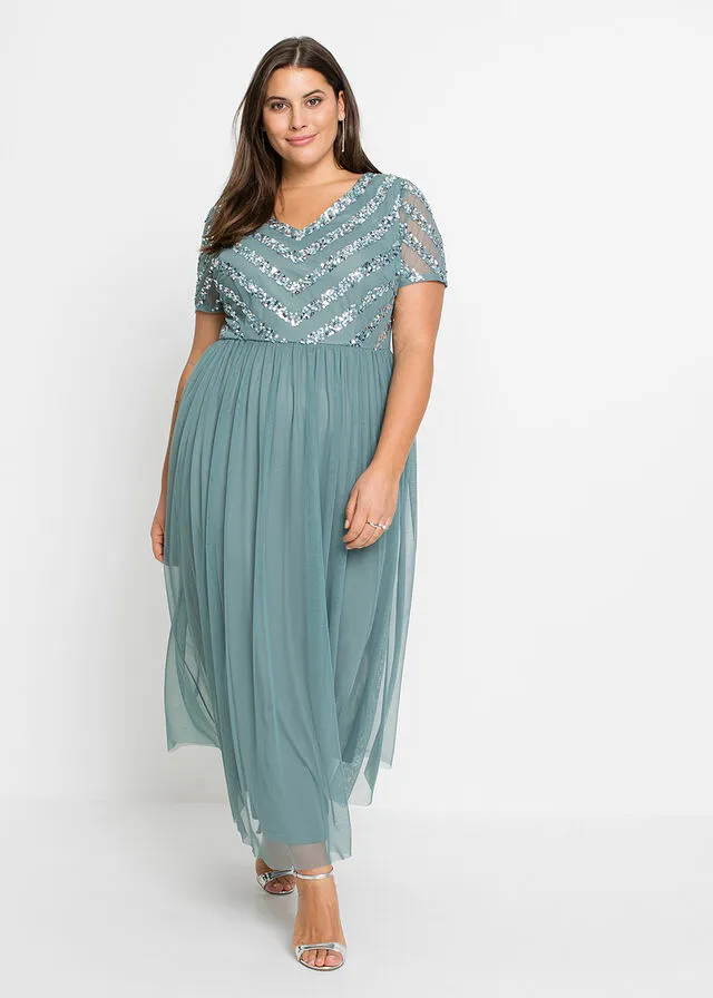 Vestido maxi con lentejuelas Azul grisáceo
