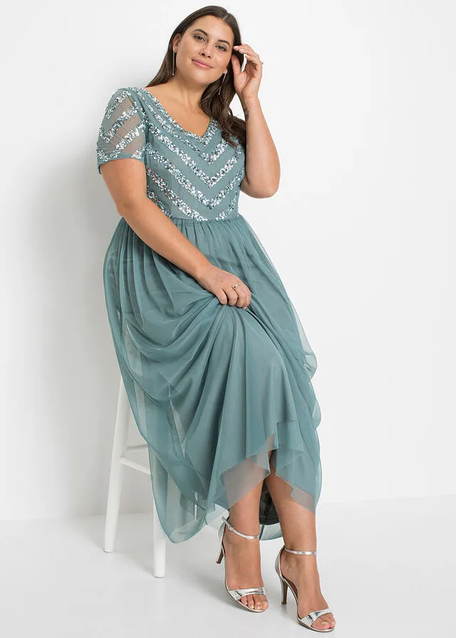 Vestido maxi con lentejuelas Azul grisáceo