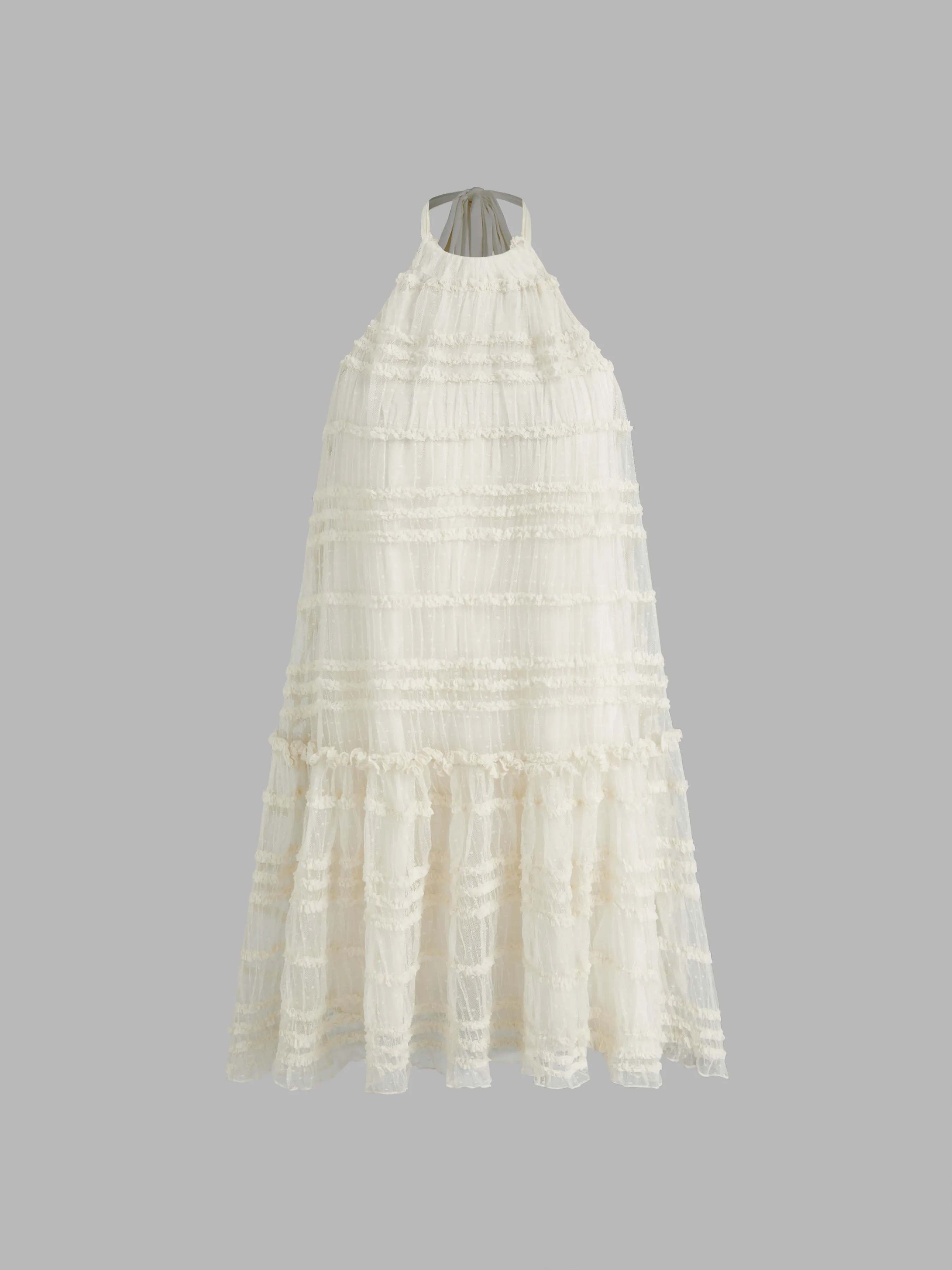 Vestido Mini de Malla con Cuello Halter, Ribete de Lechuga y Lazo con Volantes