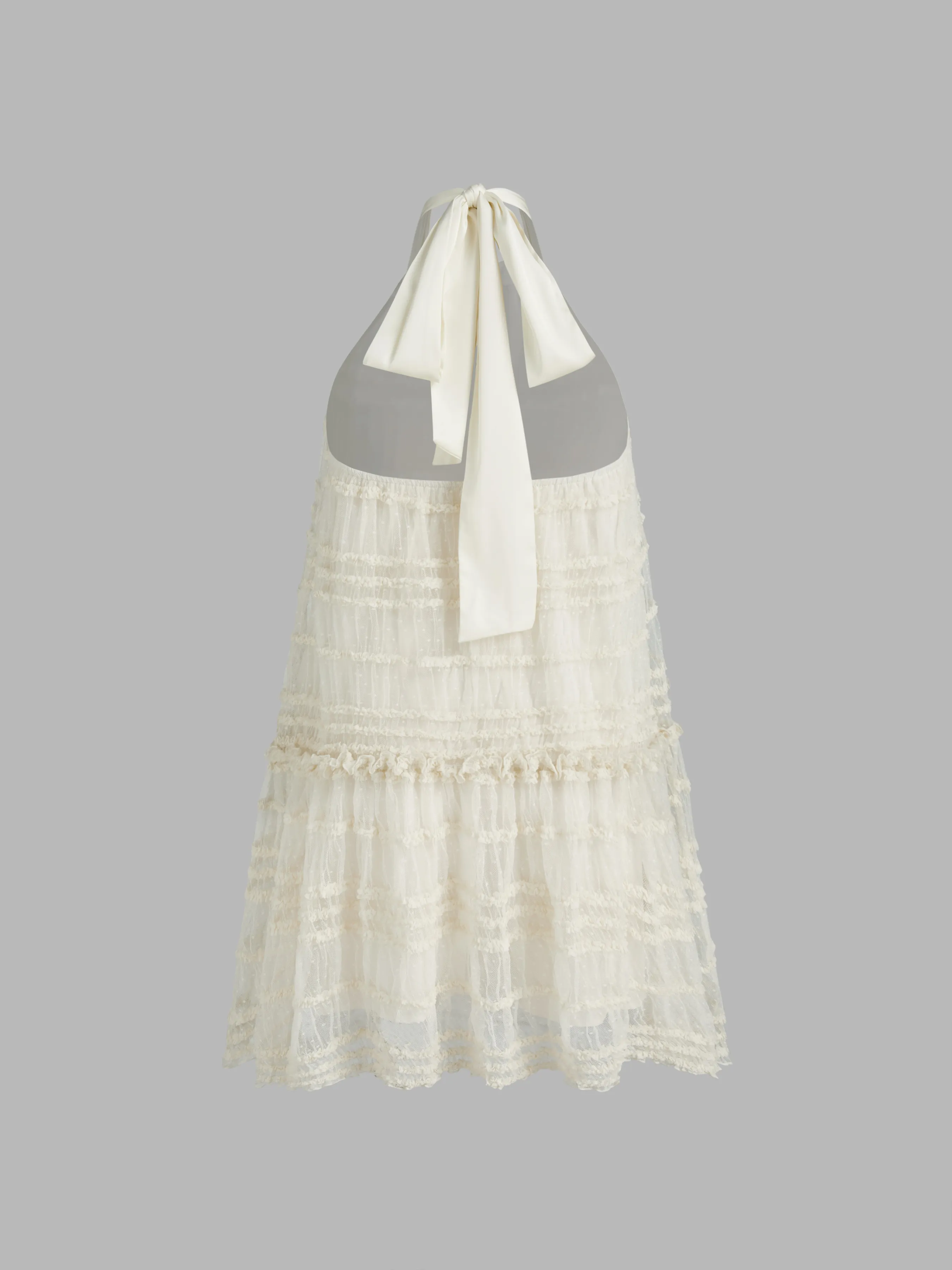 Vestido Mini de Malla con Cuello Halter, Ribete de Lechuga y Lazo con Volantes